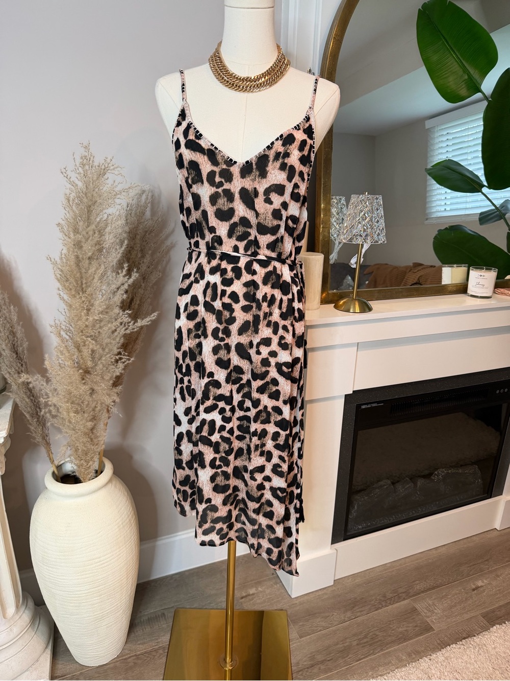 Leopard Print Slip Dress in Blush and Black